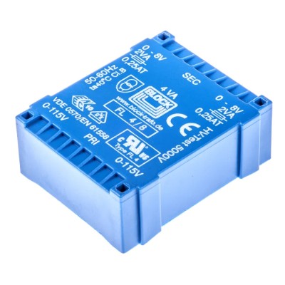 Block PCB Transformer Dual Secondary 8 V AC 2 Output Pin, 115/230 V AC, 4 VA, IEC 61558-2-4 FL 4/8