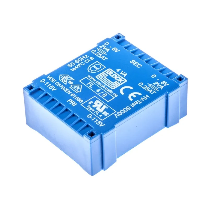 Block PCB Transformer Dual Secondary 8 V AC 2 Output Pin, 115/230 V AC, 4 VA, IEC 61558-2-4 FL 4/8