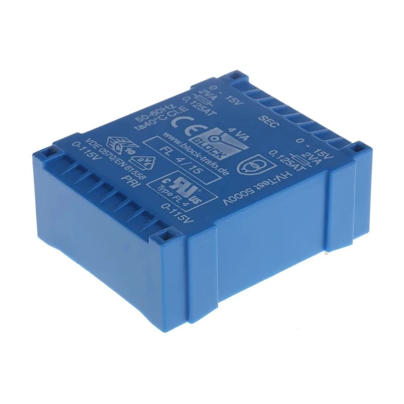 Block PCB Transformer Dual Secondary 15 V AC 2 Output Pin Mount, 115/230 V AC, 4 VA Power FL 4/15