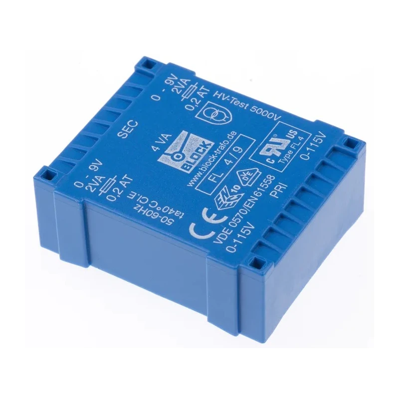 Block PCB Transformer 115 V AC Primary 9 V AC Dual Secondary 4VA Pin Mount FL 4/9