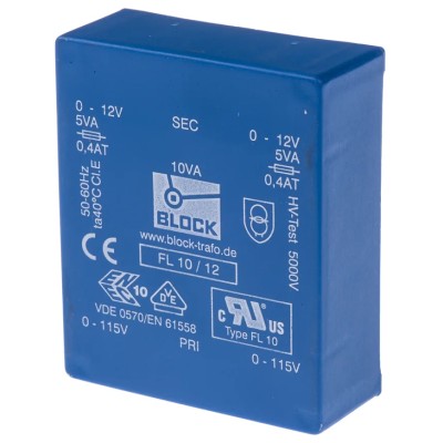 Block 12 V ac 2 Output Pin PCB Transformer, ENEC 10 (VDE), VDE 0570 Teil 2-6, UL 94 V-0, DIN EN 61558-2-1, VDE 0570 FL 10/12
