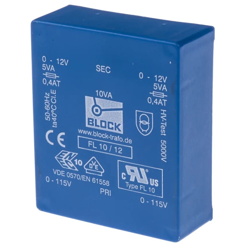 Block 12 V ac 2 Output Pin PCB Transformer, ENEC 10 (VDE), VDE 0570 Teil 2-6, UL 94 V-0, DIN EN 61558-2-1, VDE 0570 FL 10/12