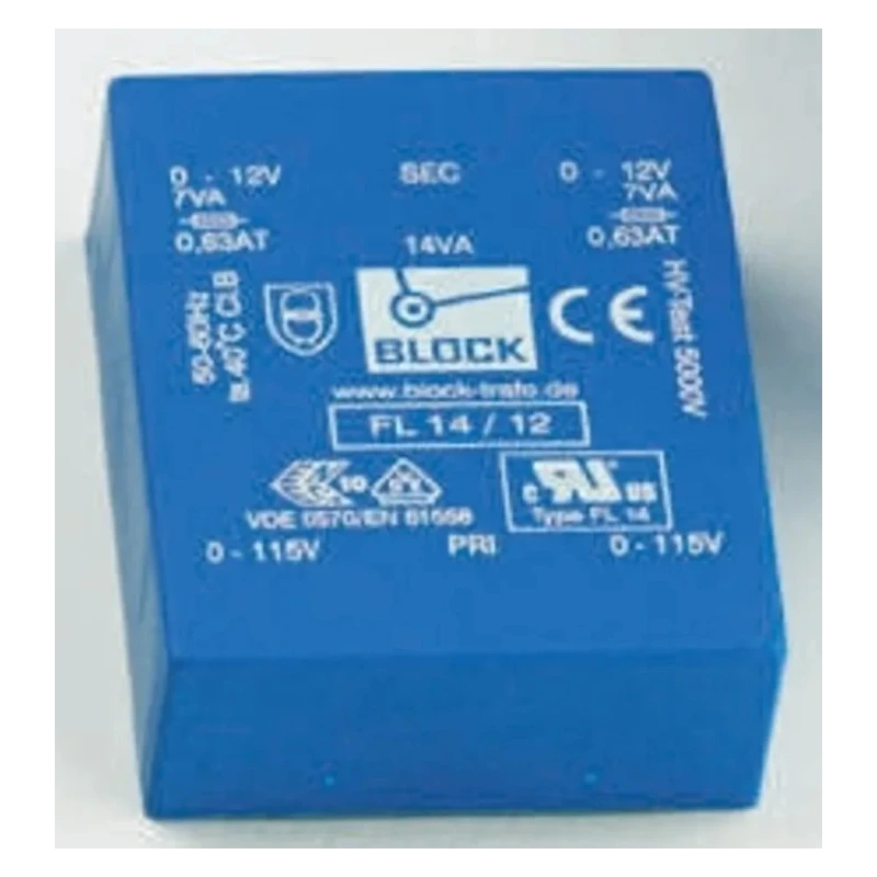 Block 6 V AC 2 Output Pin PCB Transformer, Dual Secondary Winding, 14VA Power, 115/230 V AC Primary, FL 14/6