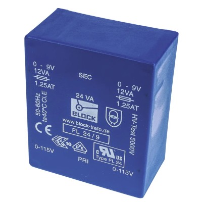 Block 9 V AC 2 Output Pin PCB Transformer, Dual Secondary Winding, 24VA, FL 24/9