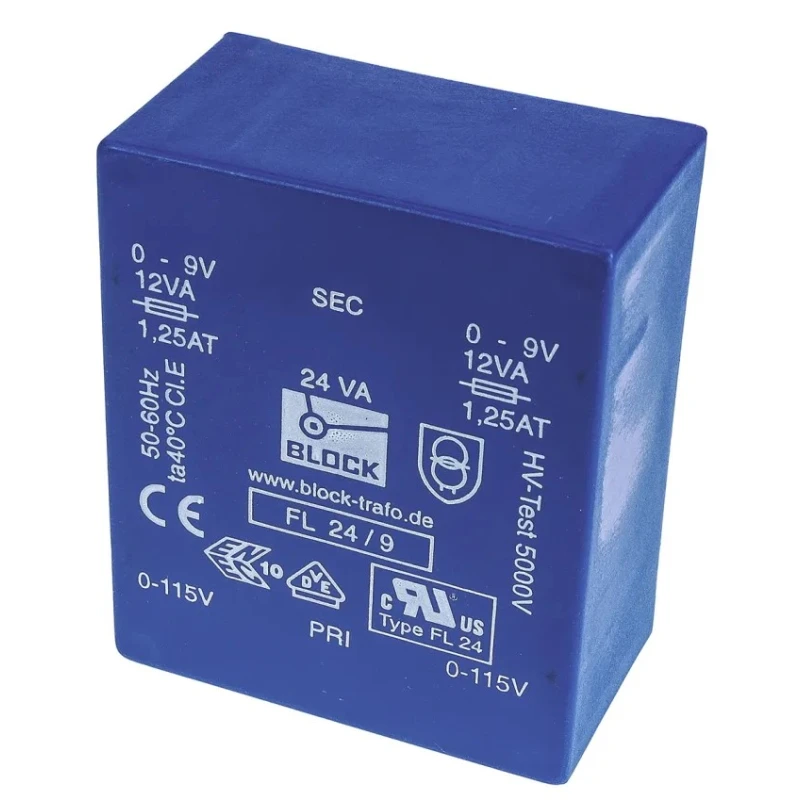 Block 9 V AC 2 Output Pin PCB Transformer, Dual Secondary Winding, 24VA, FL 24/9