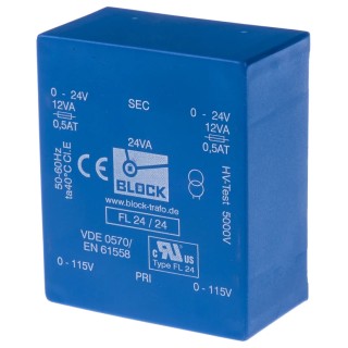 Block PCB Transformer Dual Secondary 24 V AC 2 Output Pin, 115/230 V AC Primary, 24 VA Power, FL 24/24