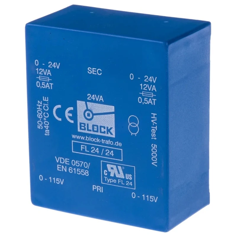 Block PCB Transformer Dual Secondary 24 V AC 2 Output Pin, 115/230 V AC Primary, 24 VA Power, FL 24/24
