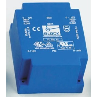 Block PCB Transformer with 2 Output Pins, 18 V AC, 42 VA Power, Dual Secondary Windings, Pin Mount, Model FL 42/18