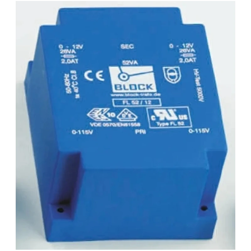 Block PCB Transformer with 2 Output Pins, 18 V AC, 42 VA Power, Dual Secondary Windings, Pin Mount, Model FL 42/18