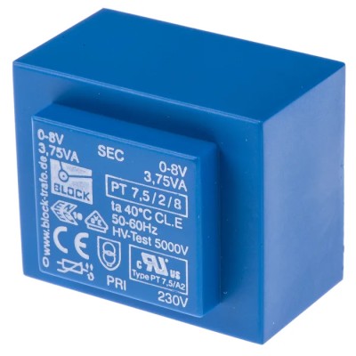 Block 8 V AC 2 Output Through Hole PCB Transformer 7.5 VA PT 7.5/2/8