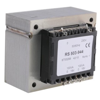 RS PRO 2 Output 200 VA Chassis Mount Transformer, 18 V AC, 230 V AC Primary, CE, RoHS, IECBSEN 615586, ASNZS 61558.1, 503-944
