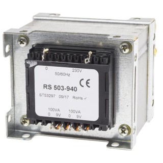 RS PRO 2 Output 200 VA Chassis Mount Transformer 230 V ac Primary, 9 V ac Secondary, 2 Outputs, 100x92x65.82 mm, 2.8 503-940