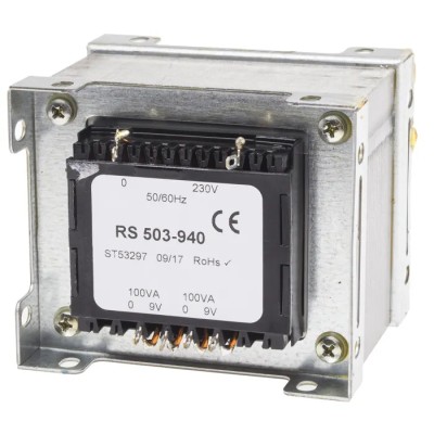 RS PRO 2 Output 200 VA Chassis Mount Transformer 230 V ac Primary, 9 V ac Secondary, 2 Outputs, 100x92x65.82 mm, 2.8 503-940