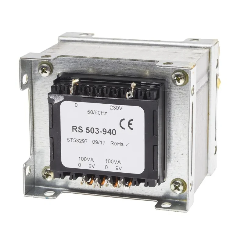 RS PRO 2 Output 200 VA Chassis Mount Transformer 230 V ac Primary, 9 V ac Secondary, 2 Outputs, 100x92x65.82 mm, 2.8 503-940