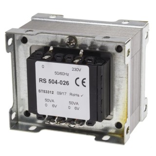 RS PRO 2 Output 200 VA Chassis Mount Transformer, 230 V ac Primary, 6 V ac Secondary, IECBSEN 61558 Standards 504-026