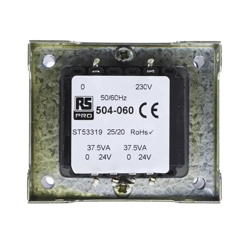 RS PRO 2 Output 200 VA Chassis Mount Transformer, 230 V ac Primary, 24 V ac Secondary, 50-60 Hz, 2 Outputs, Poland 504-060