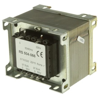 RS PRO Chassis Mount Transformer 2 Output 75 VA 230 V ac Primary 50 V ac Secondary, Poland Manufactured 504-066