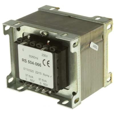 RS PRO Chassis Mount Transformer 2 Output 75 VA 230 V ac Primary 50 V ac Secondary, Poland Manufactured 504-066