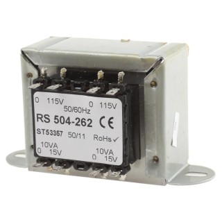 RS PRO 2 Output 20 VA Chassis Mount Transformer, 2 x 115 V ac Primary, 15 V ac Secondary, AS/NZS 61558.2.6 504-262
