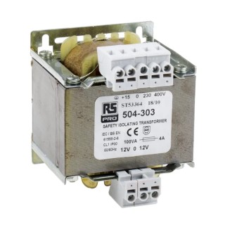 RS PRO 1 Output 100 VA Isolation Transformer 12 – 0 – 12V AC IEC61558-2-6 504-303