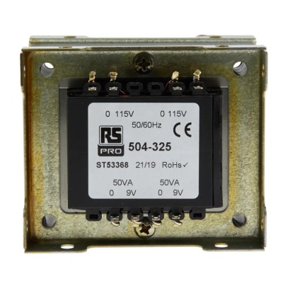 RS PRO 2 Output 100 VA Chassis Mount Transformer, 24 V ac, IEC/BS/EN 61558-1, AS/NZS 61558.1, RoHS, AS/NZS 61558.2.6, 504-325