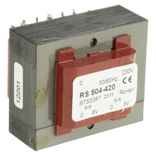 RS PRO 6 to 15 V AC 2 Output Through Hole PCB Transformer AS/NZS 61558.2.6 IEC/BS/EN 61558-2-6 CE 230 V AC 20VA 504-420