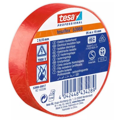 Tesa Red Polyvinyl Chloride Electrical Tape 19mm x 25m 150μm Thickness Natural Rubber Adhesive 53988-00017-01