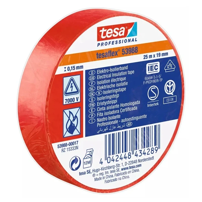 Tesa Red Polyvinyl Chloride Electrical Tape 19mm x 25m 150μm Thickness Natural Rubber Adhesive 53988-00017-01