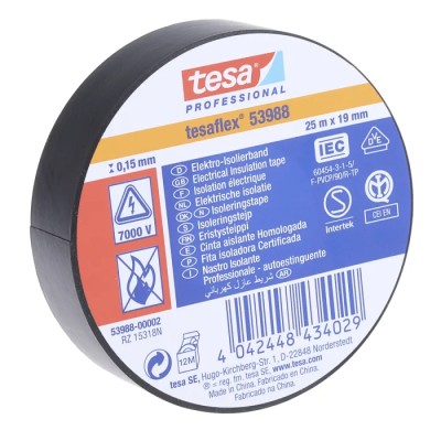 Tesa Black Polyvinyl Chloride Electrical Tape 19mm Width 25m Length Natural Rubber Adhesive 53988-00002-01