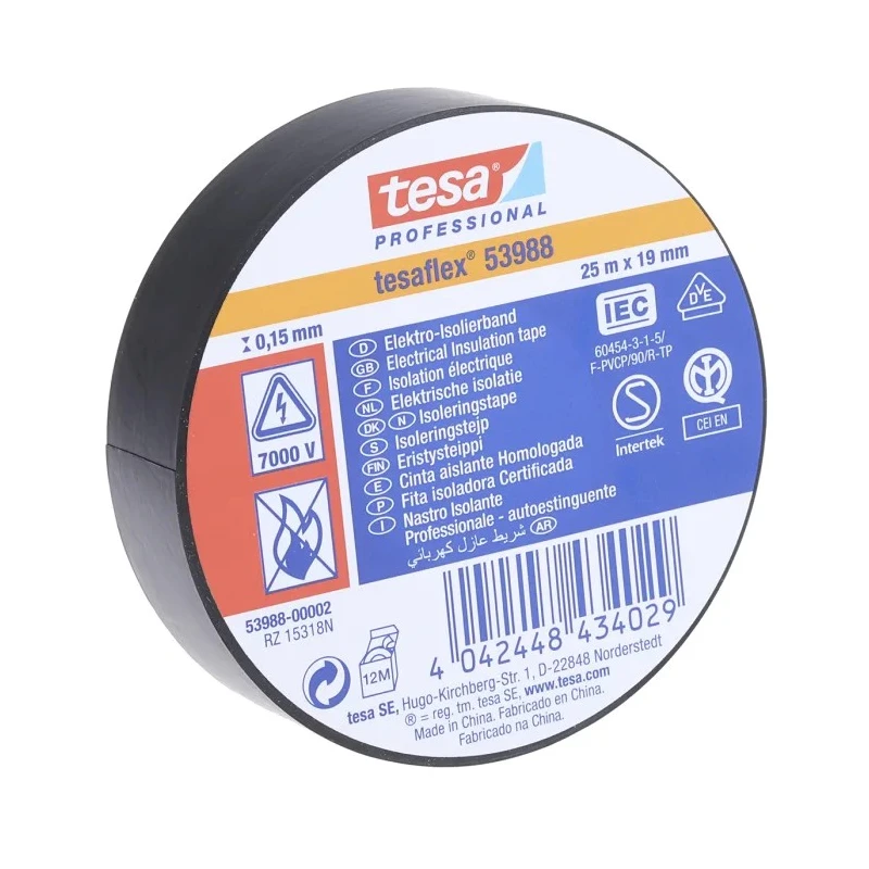 Tesa Black Polyvinyl Chloride Electrical Tape 19mm Width 25m Length Natural Rubber Adhesive 53988-00002-01