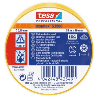 Tesa Yellow Polyvinyl Chloride Electrical Tape 19mm x 25m Natural Rubber Adhesive 53988-00092-01