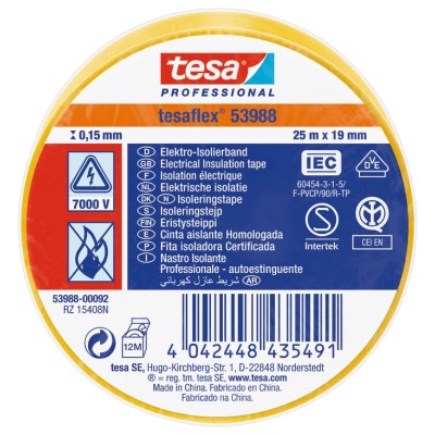 Tesa Yellow Polyvinyl Chloride Electrical Tape 19mm x 25m Natural Rubber Adhesive 53988-00092-01