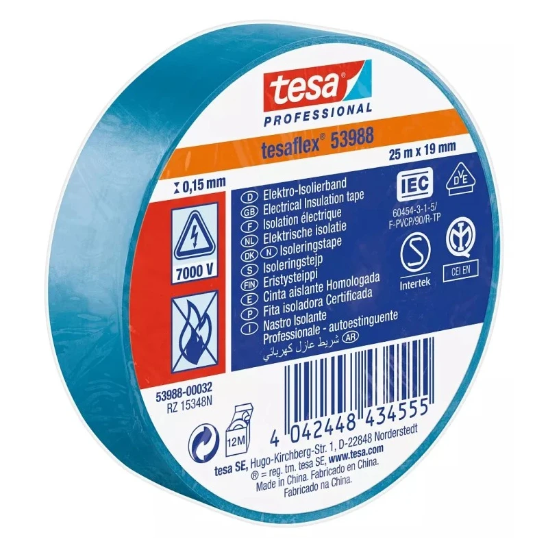 Tesa Blue Polyvinyl Chloride Electrical Tape 19mm Width x 25m Length Natural Rubber Adhesive 53988-00032-01