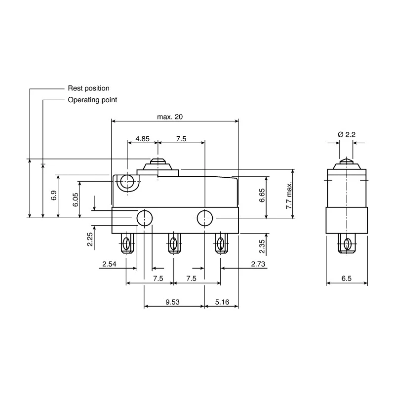 ZF DC1C-H1AA Button Micro Switch, PCB Terminal, 6A, 250 V ac, SPDT, IP6K7