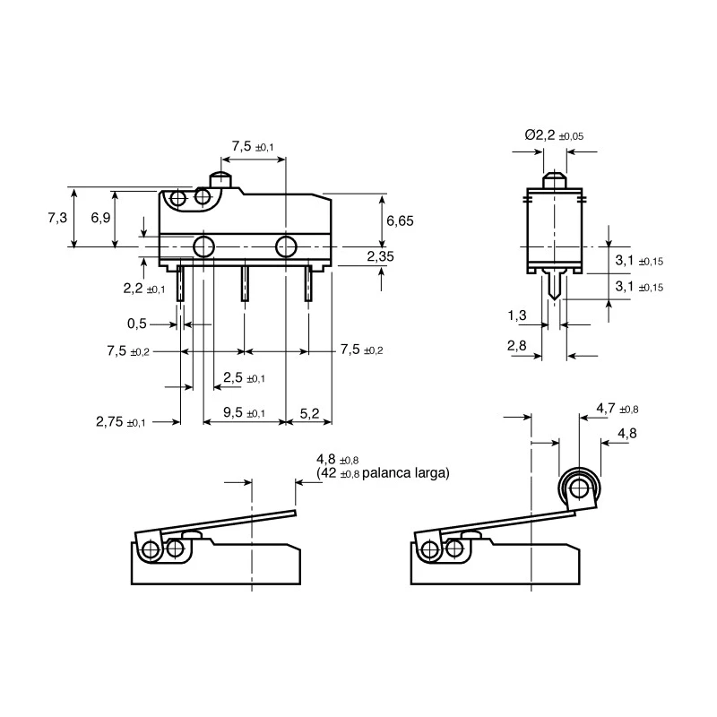ZF Button Micro Switch with Right Angle PCB Terminal, 10.1A, 250 V AC, SPDT, IP50 DB2C-D2AA