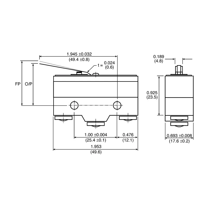 ZF Leaf Lever Micro Switch, Screw Terminal, SPDT, 20A, 250V AC, Phenolic Case, Stainless Actuator GPTCLR01