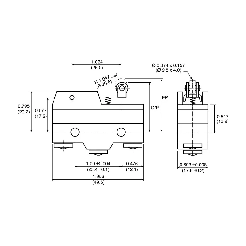 ZF Short Roller Lever Micro Switch, Screw Terminal, 15A, 250 V AC, SPDT GPTCRM01