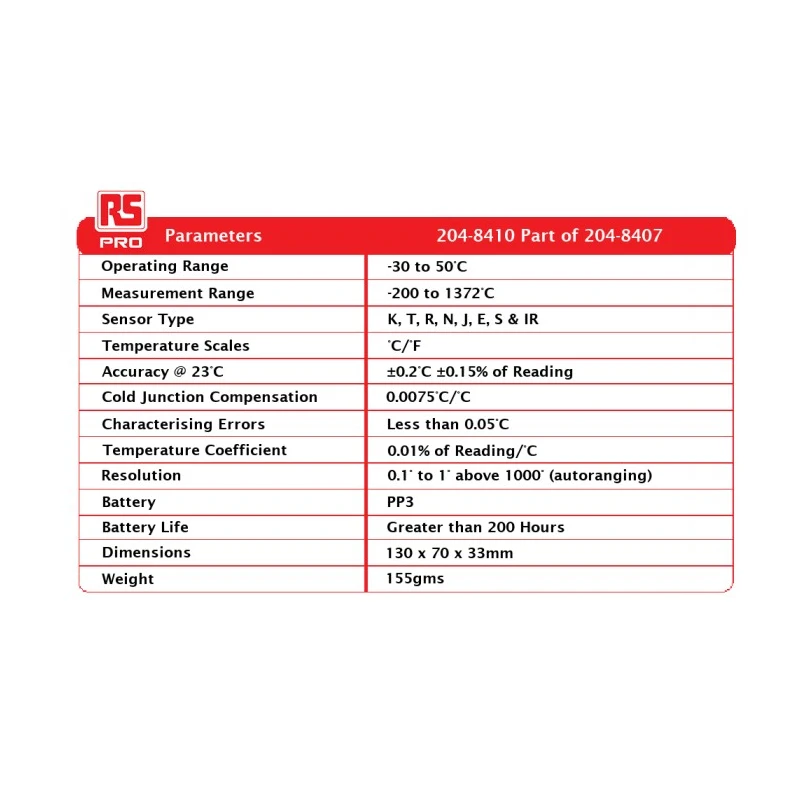 RS PRO K, Type N, Type E, Type J, Type R, Type T, Type S Probe Handheld Thermometer & Needle Probe Kit 1 Input 9V 204-8407