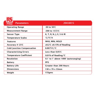 RS PRO Digital Thermometer Type E, T, K, N, S, J, R Probe Thermocouple 1 Input, 1370°C 204-8415