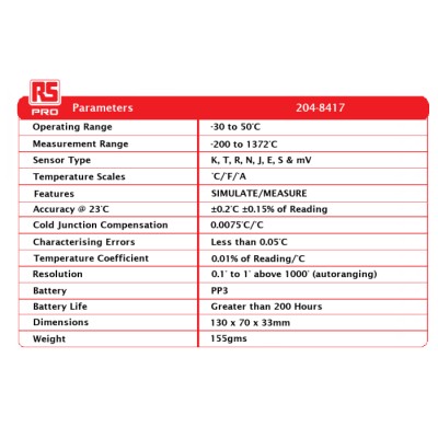 RS PRO Dual Input Thermocouple Simulator Calibrator Thermometer Type R, K, T, S, E, J, N Probe, Accuracy ±0.2°C, 2 204-8417