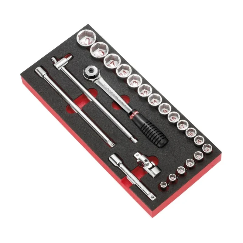 Facom 23-Piece 1/2 in 6 Point Socket Set, Chrome Vanadium Steel, Bright Chrome Finish MODM.S1APB