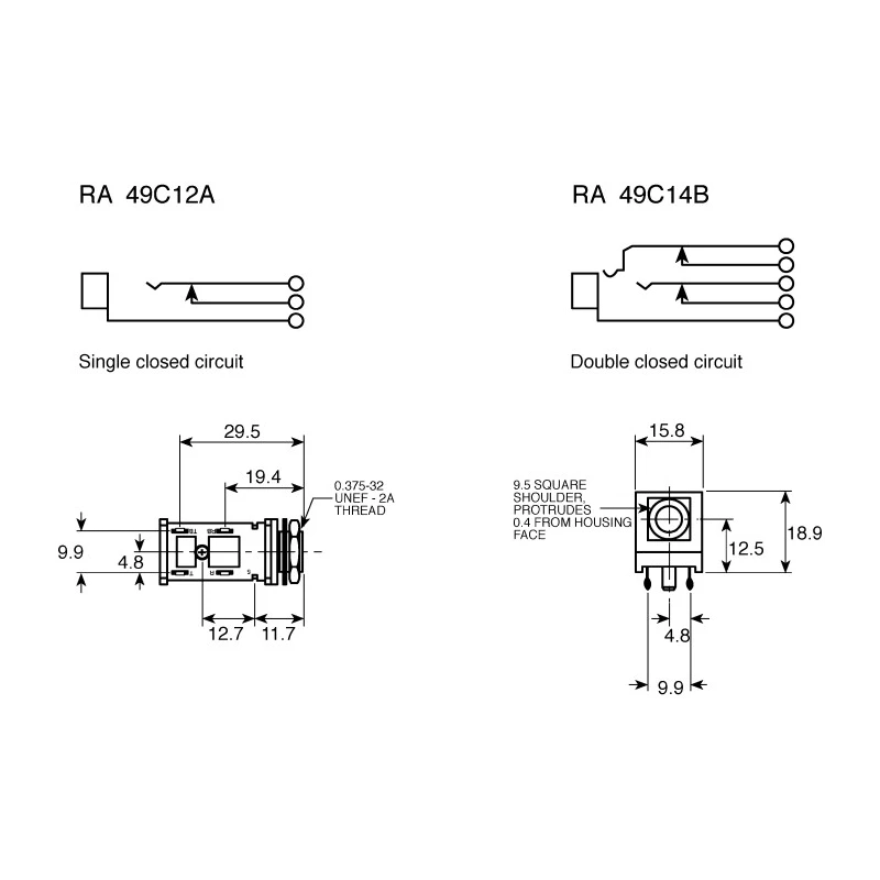 Switchcraft 6.35 mm Right Angle PCB Female 2 Way Mono Jack Connector RA49C-12A