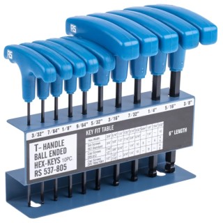 RS PRO 10 Piece T-Handle Imperial Hex Key Set, Hex Size 3/32 to 3/8 Inch, Chrome Vanadium Steel, Ball End Hex Keys 537-805