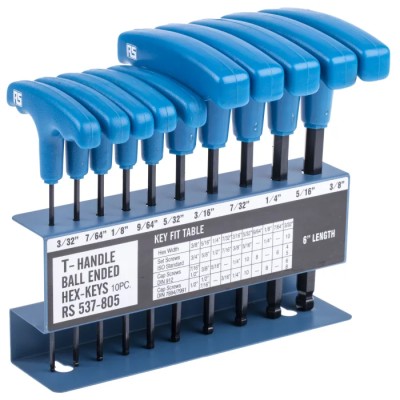 RS PRO 10 Piece T-Handle Imperial Hex Key Set, Hex Size 3/32 to 3/8 Inch, Chrome Vanadium Steel, Ball End Hex Keys 537-805