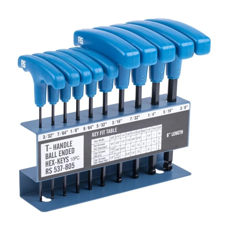 RS PRO 10 Piece T-Handle Imperial Hex Key Set, Hex Size 3/32 to 3/8 Inch, Chrome Vanadium Steel, Ball End Hex Keys 537-805