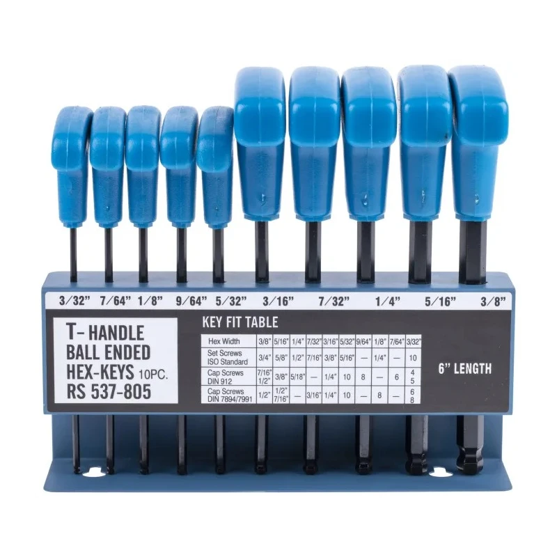 RS PRO 10 Piece T-Handle Imperial Hex Key Set, Hex Size 3/32 to 3/8 Inch, Chrome Vanadium Steel, Ball End Hex Keys 537-805