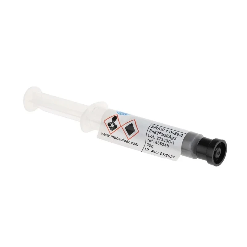 MBO Leaded No-Clean Solder Paste Sn62 Pb Ag2, Fine Pitch 400 μm, Manual CRÈME SN62 PB AG2 SIRIUS 1 - SERINGUE MANU 30G