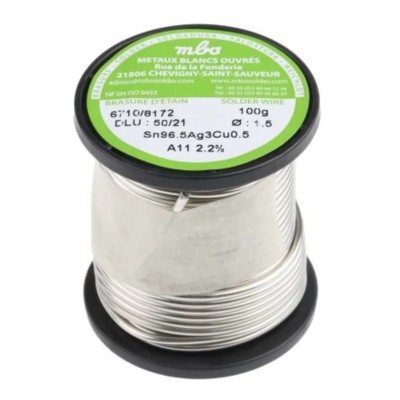 MBO Lead Free Solder Wire 1.5 mm Diameter, Rosin Flux, 217°C Melting Point SN96.5 AG3 CU0.5 15/10 A11 - 100G