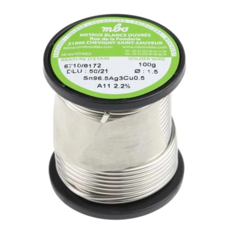 MBO Lead Free Solder Wire 1.5 mm Diameter, Rosin Flux, 217°C Melting Point SN96.5 AG3 CU0.5 15/10 A11 - 100G