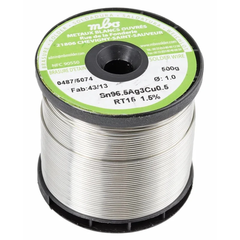 MBO Lead Free Solder Wire 1 mm Diameter, 217 °C Melting Point, Rosin Flux SN96.5 AG3 CU0.5 10/10 RT15 - 500G
